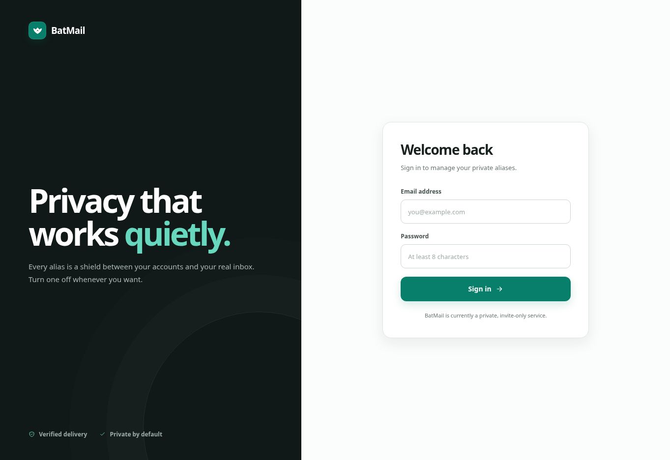 Public BatMail sign-in page for the private alias management service