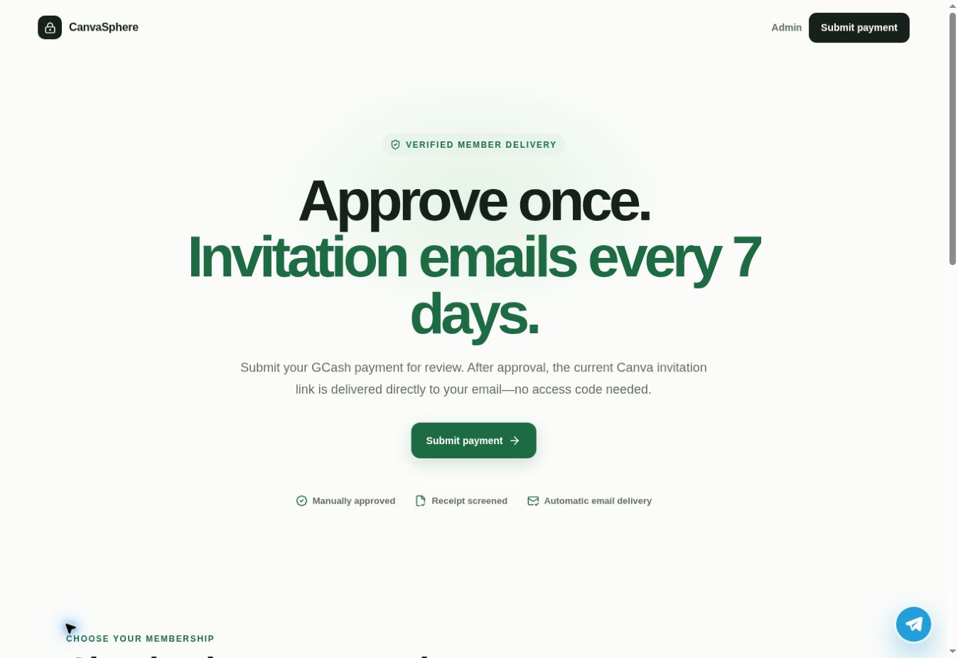 Public CanvaSphere site showing its membership invitation offer